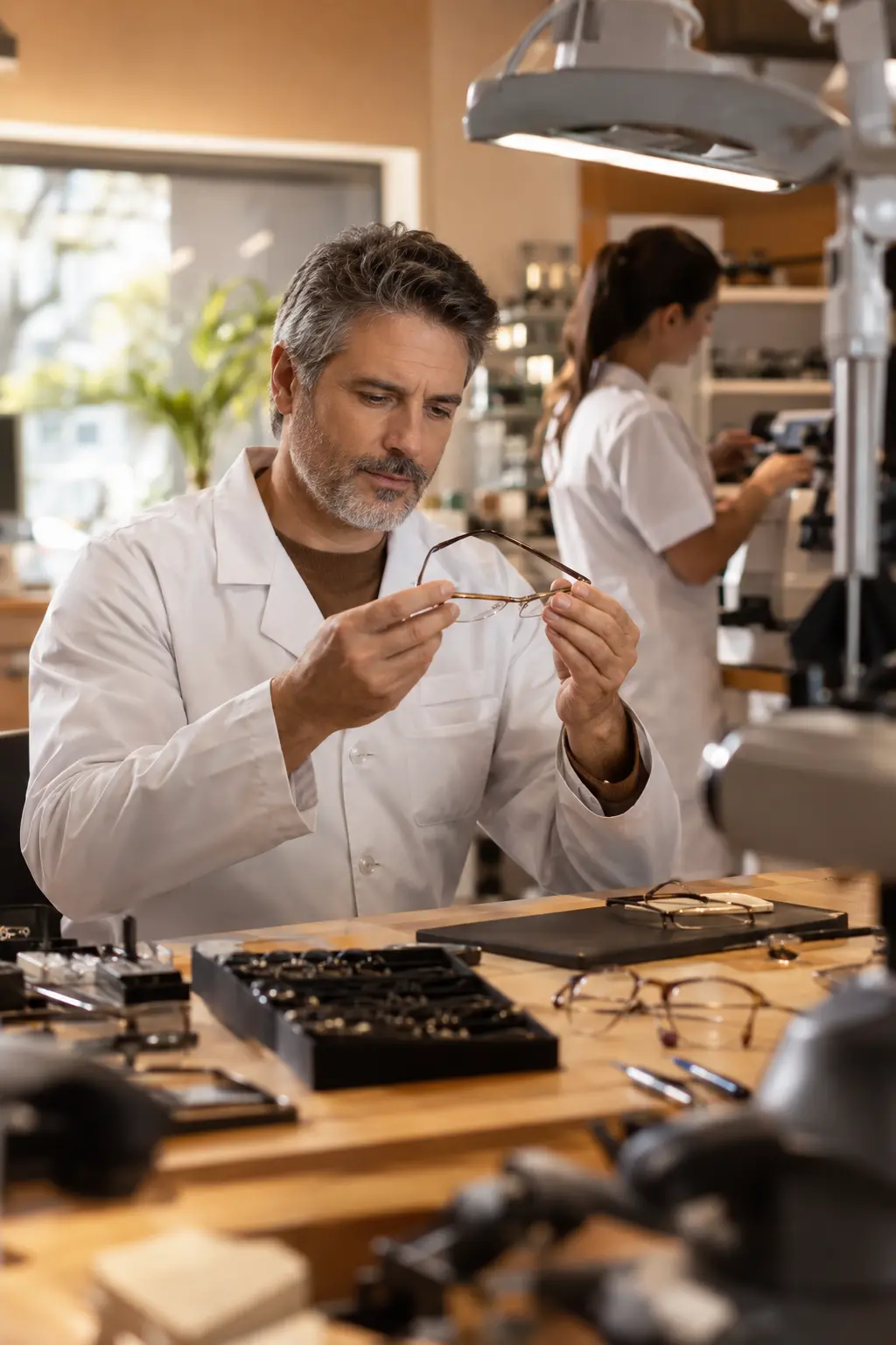 Equipamento de precisão óptica sendo ajustado em laboratório moderno com iluminação técnica